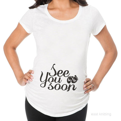 Women’s slim maternity T-shirt by Ancient Energy featuring funny letter print and O-neck style for pregnancy comfort.