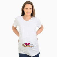 Slim maternity women’s T-shirt by Ancient Energy featuring funny letter print, O-neck design, perfect for pregnancy comfort.