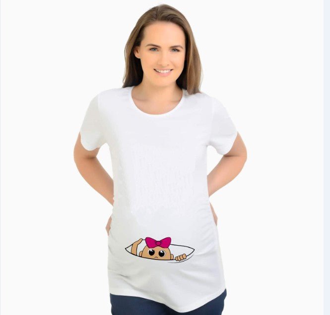 Slim maternity women’s T-shirt by Ancient Energy featuring funny letter print, O-neck design, perfect for pregnancy comfort.