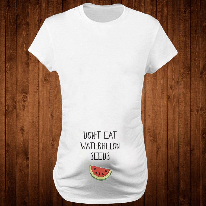 Women’s slim maternity T-shirt by Ancient Energy featuring funny letter print and O-neck design, ideal for pregnancy wear.