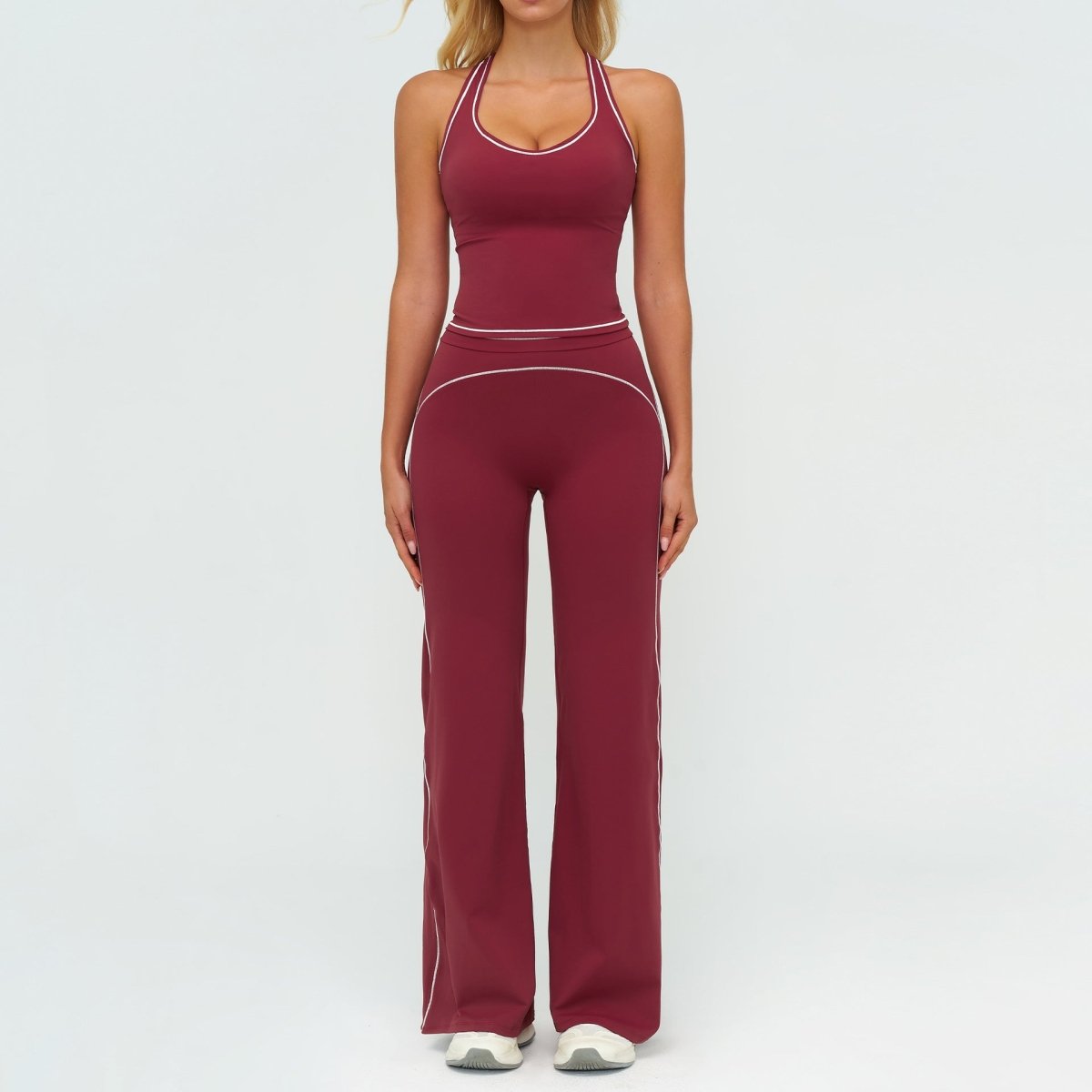 Ancient Energy women's yoga set with V-neck sleeveless top and slim straight pants, ideal for summer gym and sports activities.