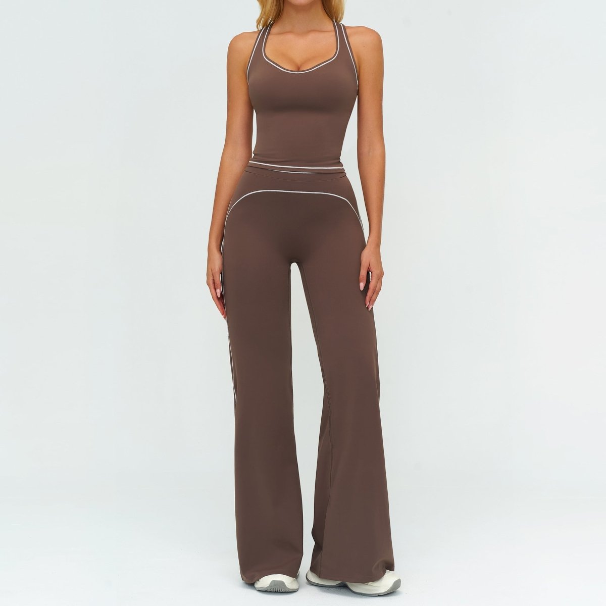 Ancient Energy women's yoga set with V-neck sleeveless top and slim straight pants, ideal for summer gym and sports activities.
