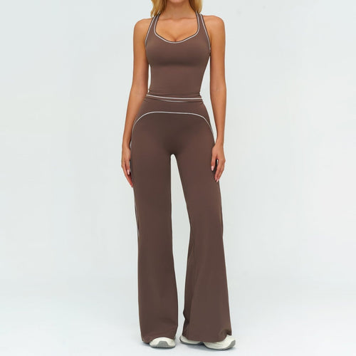 Ancient Energy women's yoga set with V-neck sleeveless top and slim straight pants, ideal for summer gym and sports activities.