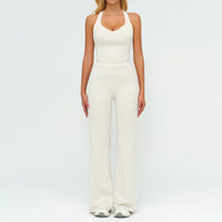 Ancient Energy women's yoga set with V-neck sleeveless top and slim straight pants, ideal for summer gym and sports activities.