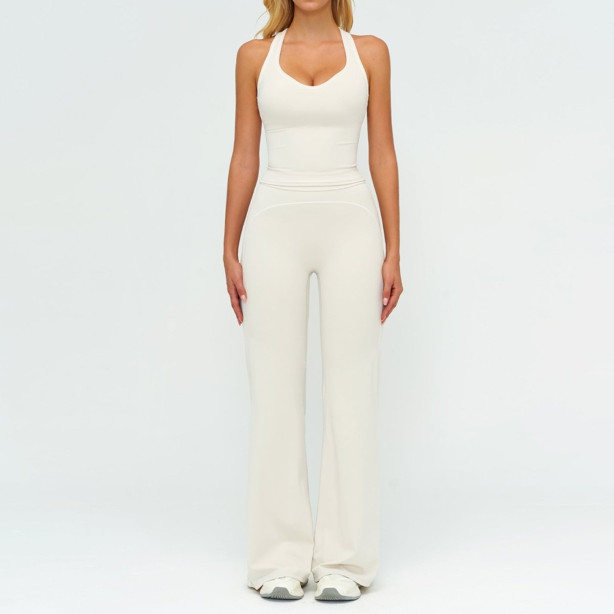 Ancient Energy women's yoga set with V-neck sleeveless top and slim straight pants, ideal for summer gym and sports activities.