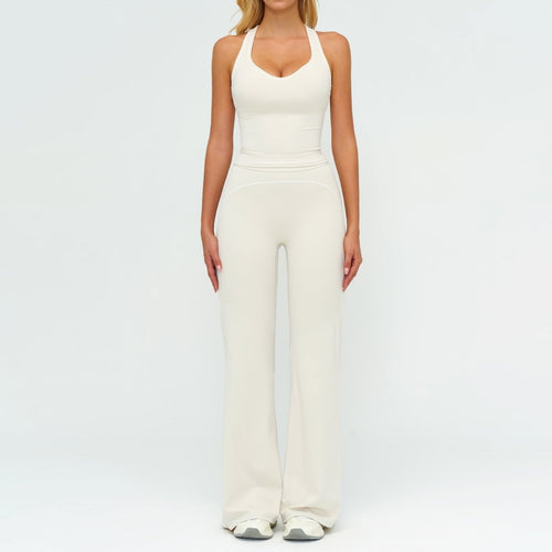 Ancient Energy women's yoga set with V-neck sleeveless top and slim straight pants, ideal for summer gym and sports activities.