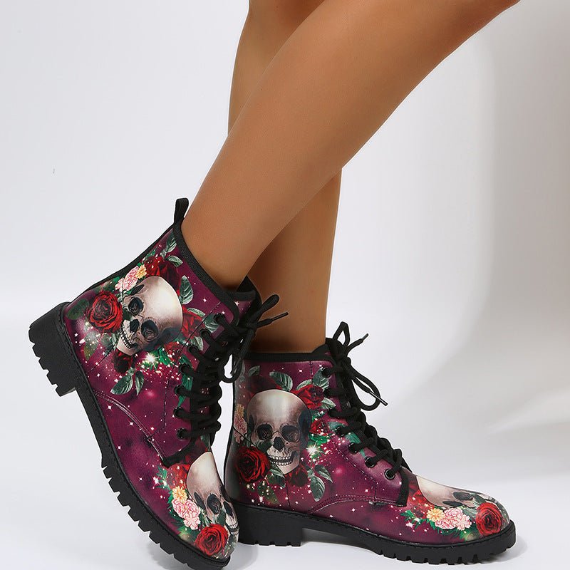 Ancient Energy women's high top workwear boots with large Halloween cartoon print and colorful pattern, stylish and durable.
