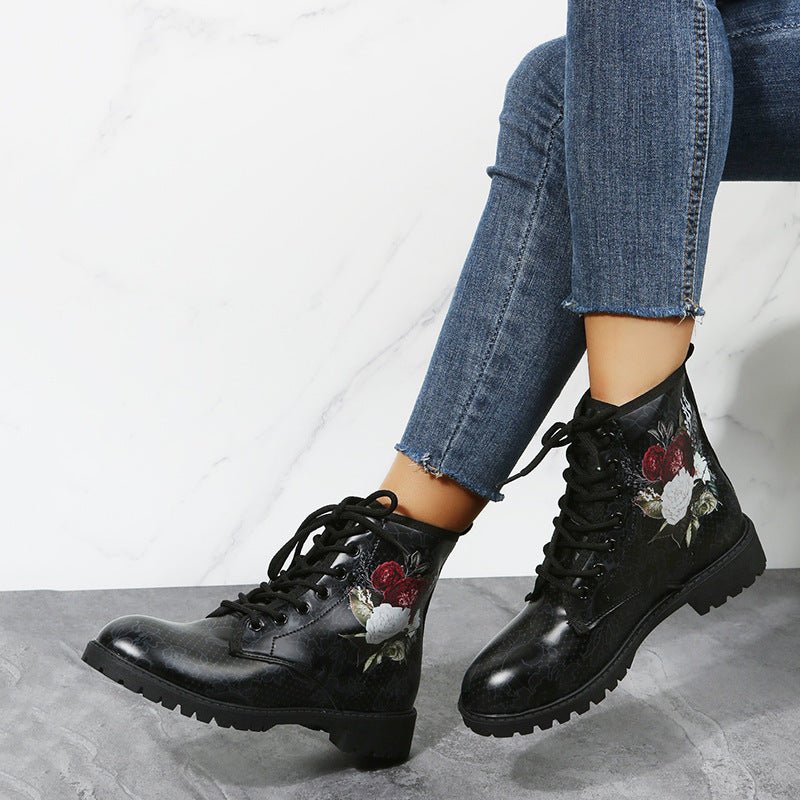 Ancient Energy women's workwear high-top boots with large Halloween cartoon print, featuring colorful spooky cartoon pattern.