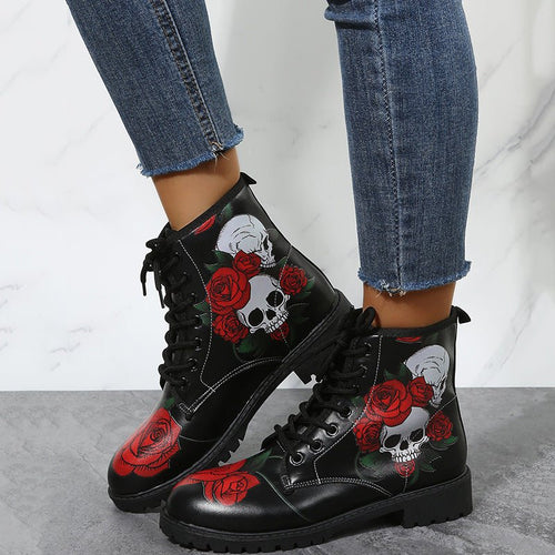 Ancient Energy women's high-top workwear boots with large Halloween cartoon print and colorful cartoon pattern.
