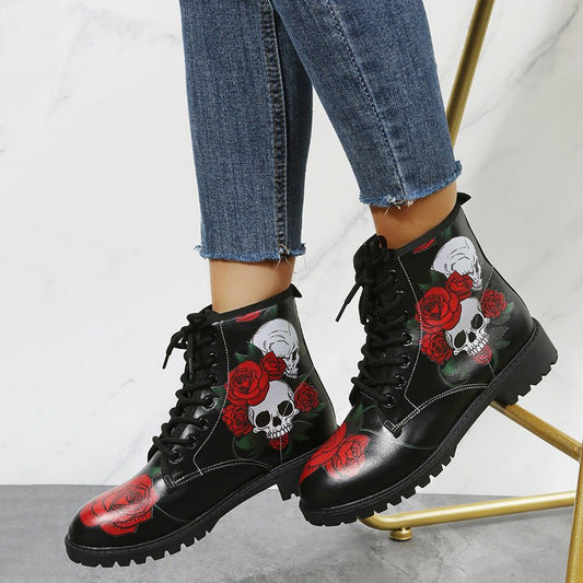Ancient Energy women's high top workwear boots with large Halloween cartoon print and colorful pattern, featuring lace-up design.