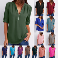 Loose short sleeve Zip V-neck shirt for women by Ancient Energy, featuring a casual, comfortable fit in lightweight fabric.