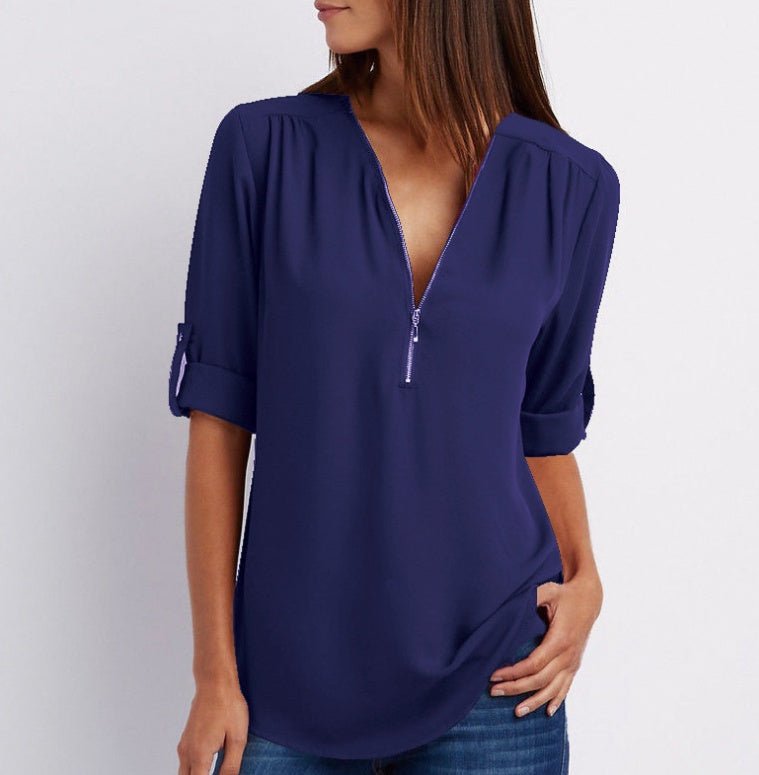 Loose short sleeve Zip V-neck shirt for women by Ancient Energy, casual style top with a front zipper and relaxed fit.