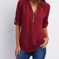 Loose fit women's short sleeve Zip V-neck shirt by Ancient Energy featuring a casual V-neck design and lightweight fabric.