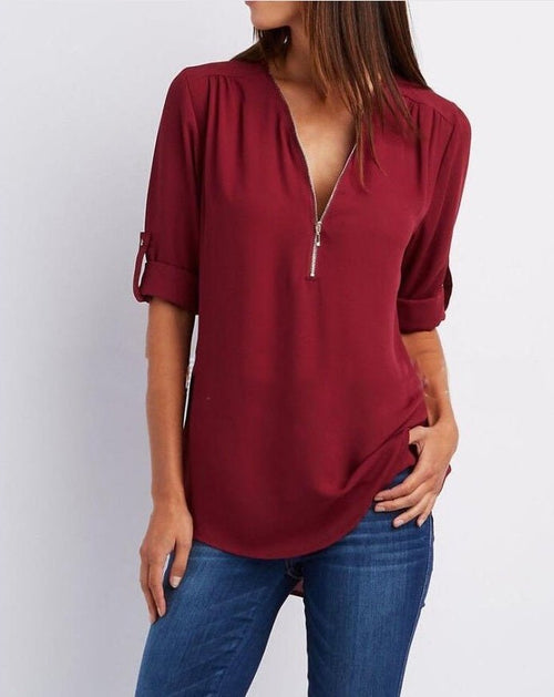 Loose fit women's short sleeve Zip V-neck shirt by Ancient Energy featuring a casual V-neck design and lightweight fabric.