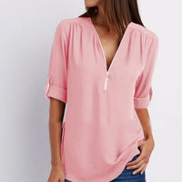 Loose short sleeve zip V-neck shirt for women by Ancient Energy, casual and comfortable top with relaxed fit.