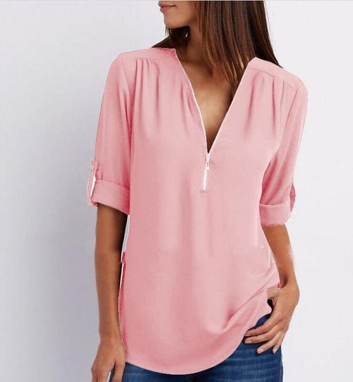Loose short sleeve zip V-neck shirt for women by Ancient Energy, casual and comfortable top with relaxed fit.