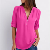 Loose short sleeve Zip V-neck shirt for women by Ancient Energy, lightweight and comfortable top in soft fabric.