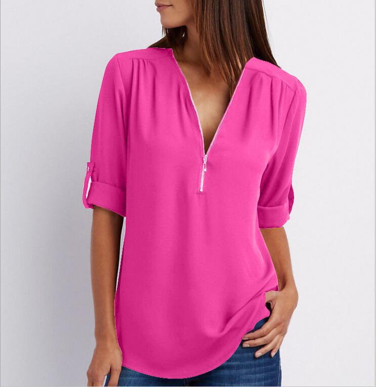 Loose short sleeve Zip V-neck shirt for women by Ancient Energy, lightweight and comfortable top in soft fabric.