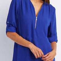 Loose women's short sleeve zip V-neck shirt by Ancient Energy, casual top with relaxed fit and lightweight fabric.