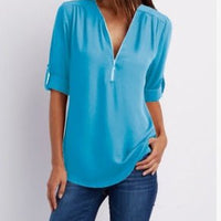 Loose short sleeve Zip V-neck shirt for women by Ancient Energy, casual and comfortable top perfect for everyday wear.