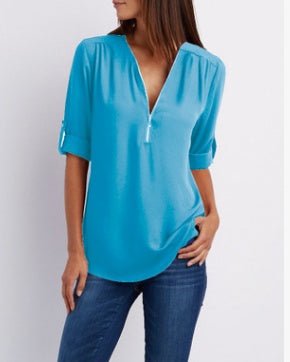 Loose short sleeve Zip V-neck shirt for women by Ancient Energy, casual and comfortable top perfect for everyday wear.