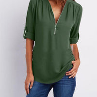 Loose fit women's Zip V-neck shirt with short sleeves from Ancient Energy, casual and comfortable for everyday wear.