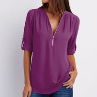 Ancient Energy women's short sleeve zip V-neck shirt with a loose fit, lightweight and comfortable for casual wear.