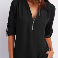 Ancient Energy women's short sleeve zip V-neck shirt with a loose fit, casual and comfortable women's top.