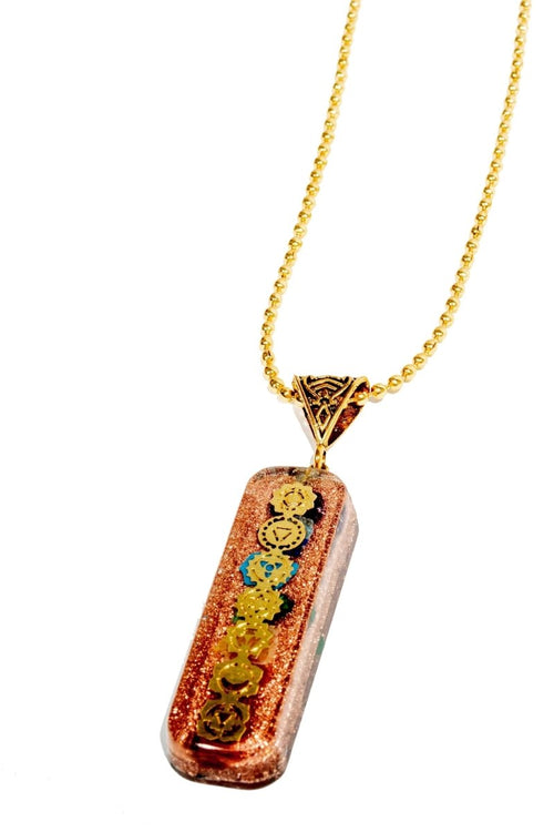 7 chakra Orgone copper pendant with chain from Ancient Energy, featuring colorful chakra stones and detailed copper design.