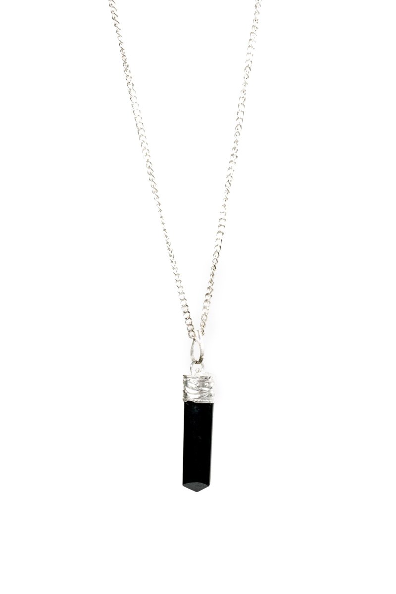 Silver-plated Black Tourmaline Protection Pendant from Ancient Energy, showcasing a polished black tourmaline stone on a silver chain.