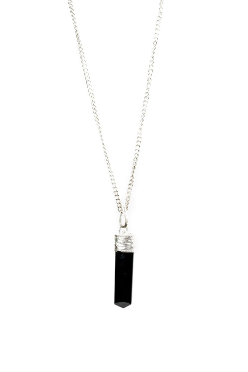 Silver-plated Black Tourmaline Protection Pendant from Ancient Energy, showcasing a polished black tourmaline stone on a silver chain.