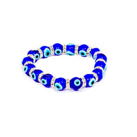 Ancient Energy Evil Eye Protection Bracelet featuring blue and white beads and a central evil eye charm for warding off negative energy.