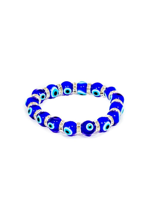 Ancient Energy Evil Eye Protection Bracelet featuring blue and white beads and a central evil eye charm for warding off negative energy.
