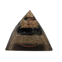 Mini orgone protection pyramid made of brass and copper with black tourmaline, designed for energy shielding and spiritual protection.
