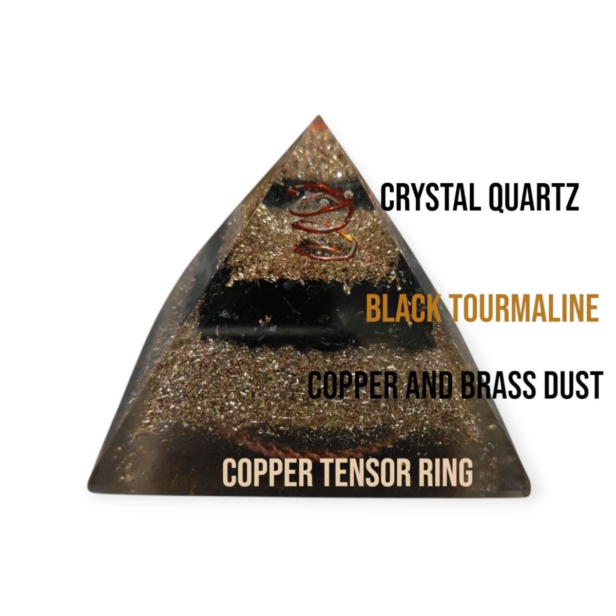 Mini orgone protection pyramid with brass, copper, and black tourmaline, designed for spiritual shielding and energy balancing.