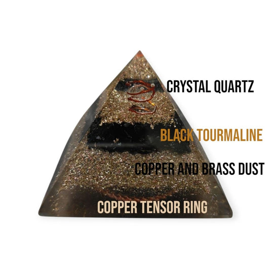 Mini orgone protection pyramid with brass, copper, and black tourmaline, designed for spiritual shielding and energy balancing.