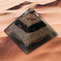 Mini orgone protection pyramid with brass, copper, and black tourmaline, designed by Ancient Energy for spiritual shielding.