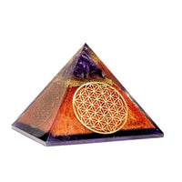 Authentic Flower of Life Copper Orgone Pyramid with Amethyst from Ancient Energy, featuring intricate design and polished copper finish.