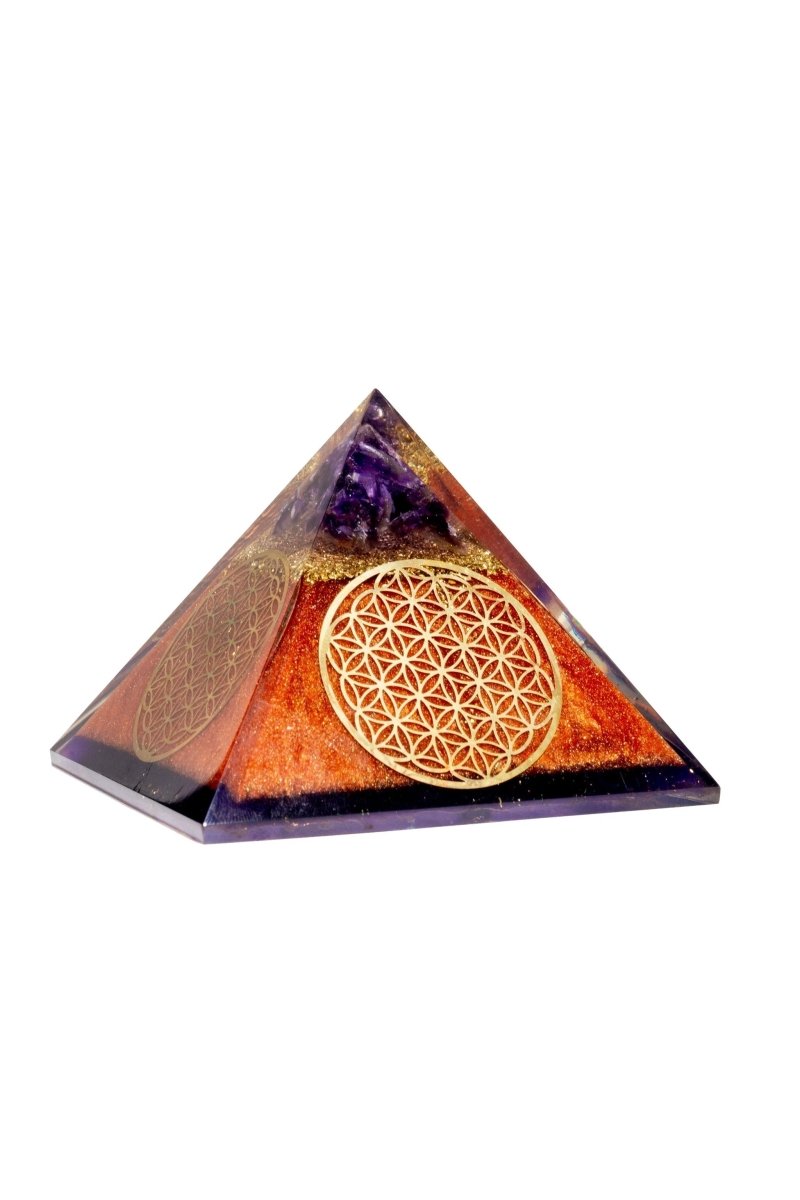 Authentic Flower of Life Copper Orgone Pyramid with Amethyst from Ancient Energy, featuring intricate design and polished copper finish.