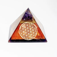 Flower of Life Copper Orgone Pyramid with Amethyst from Ancient Energy, authentic orgone pyramid with intricate design and purple amethyst.