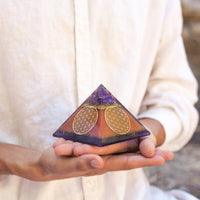 Authentic Flower of Life Copper Orgone Pyramid with Amethyst from Ancient Energy, featuring intricate design and polished copper surface.