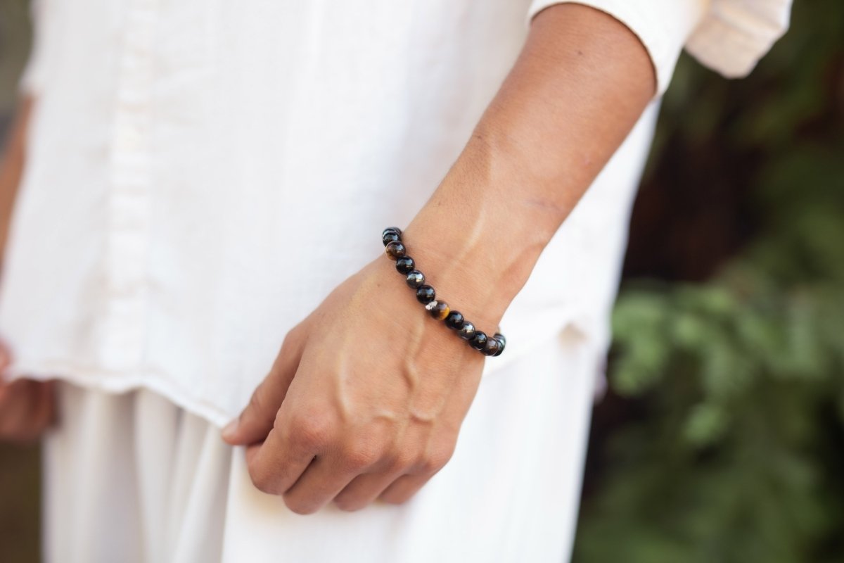 Ancient Energy triple protection bracelet with tiger's eye, hematite, and obsidian beads, 7.5 inches long.