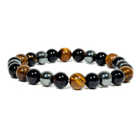 Ancient Energy triple protection bracelet with tiger's eye, hematite, and obsidian beads, 7.5 inches long.
