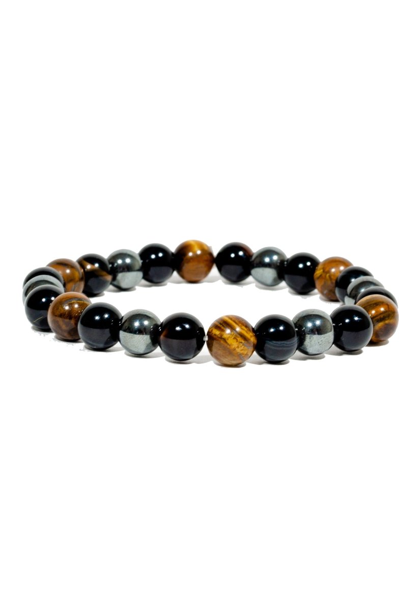Ancient Energy triple protection bracelet with tiger's eye, hematite, and obsidian beads, 7.5 inches long.