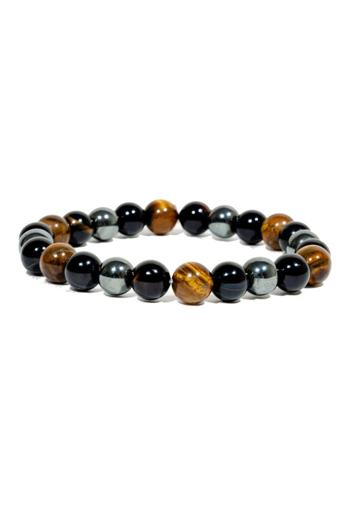 Ancient Energy triple protection bracelet with tiger's eye, hematite, and obsidian beads, 7.5 inches long.