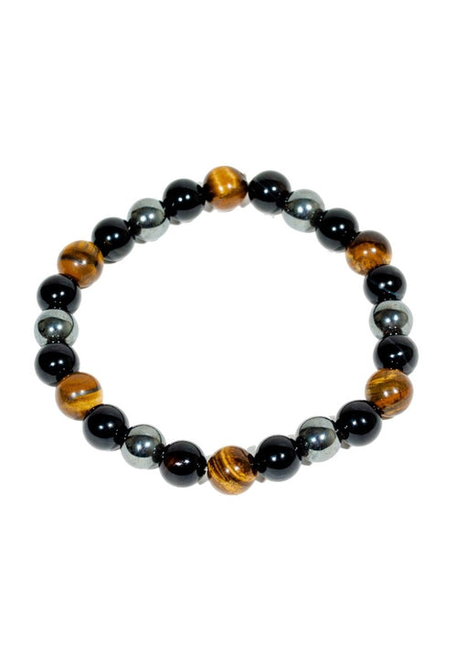 Ancient Energy triple protection bracelet with tiger's eye, hematite, and obsidian beads, 7.5 inches long.