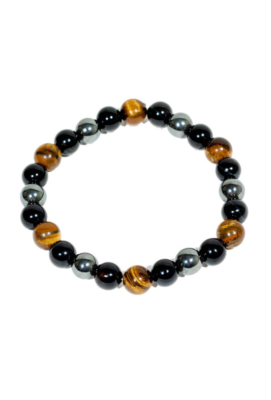 Ancient Energy triple protection bracelet with tiger's eye, hematite, and obsidian beads, 7.5 inches long.