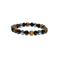 Ancient Energy triple protection bracelet with tiger's eye, hematite, and obsidian beads, 7.5 inches long.
