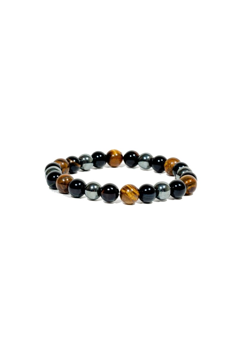 Ancient Energy triple protection bracelet with tiger's eye, hematite, and obsidian beads, 7.5 inches long.