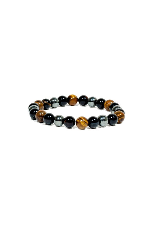Ancient Energy triple protection bracelet with tiger's eye, hematite, and obsidian beads, 7.5 inches long.